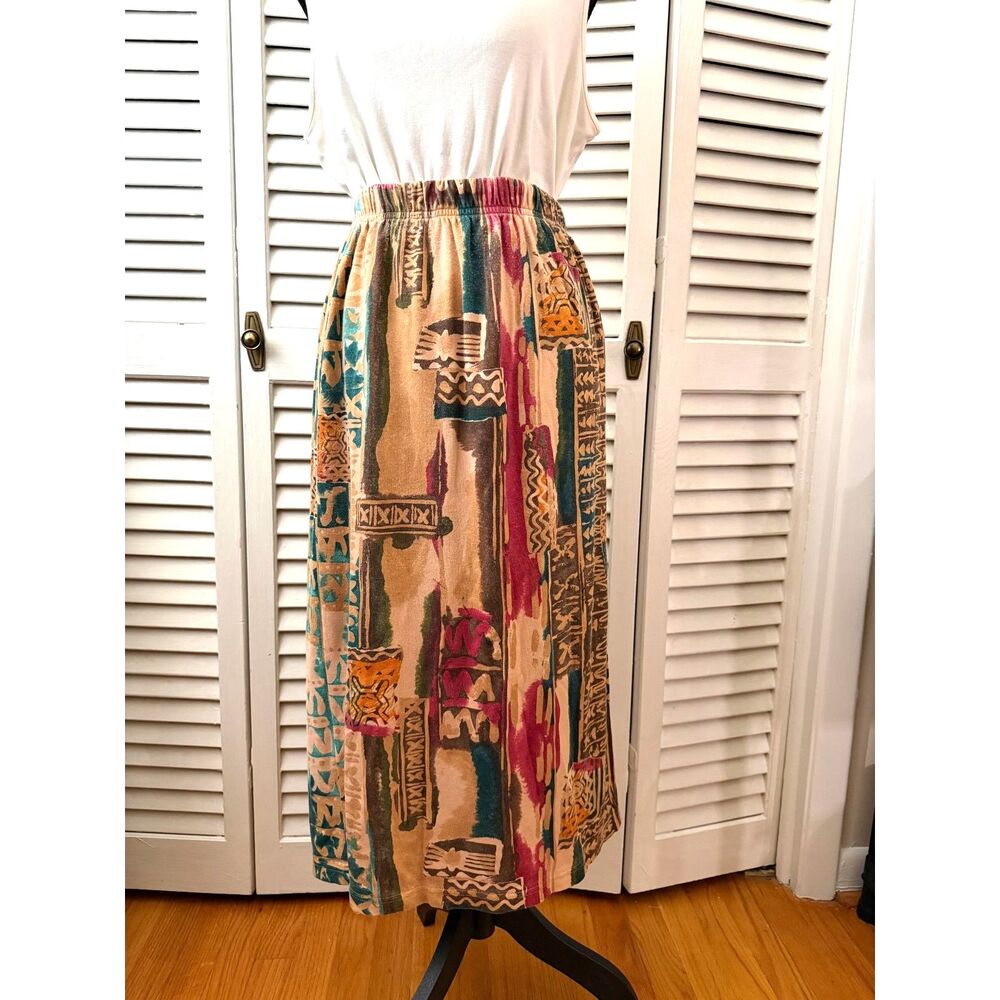 Vintage 80s Cotton Midi Maxi Geometric Design Skirt Retro Abstract Whimsical